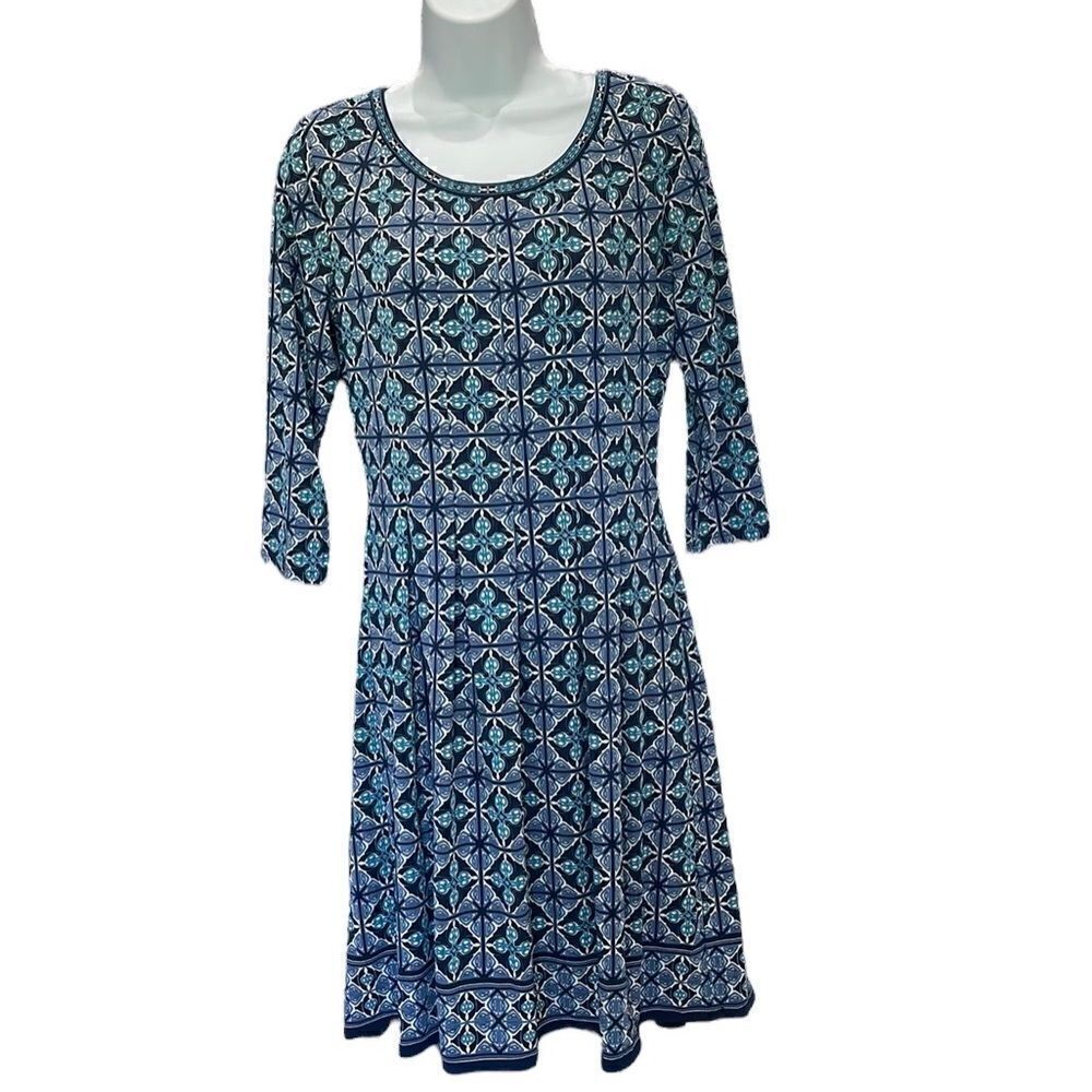 New! Jersey knit blue print A-line 3/4 sleeve pull over midi dress
